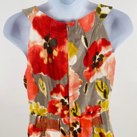 Perceptions New York Coral Gray Floral Sleeveless Ribbon Belt A-Line Dress 8 - Picture 6 of 10